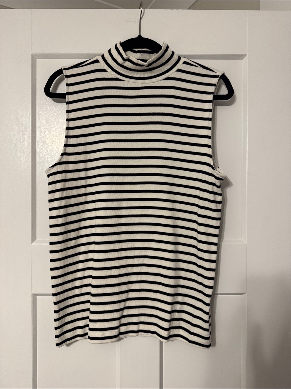LOFT Black & White Striped Sleeveless Mock Neck Tank